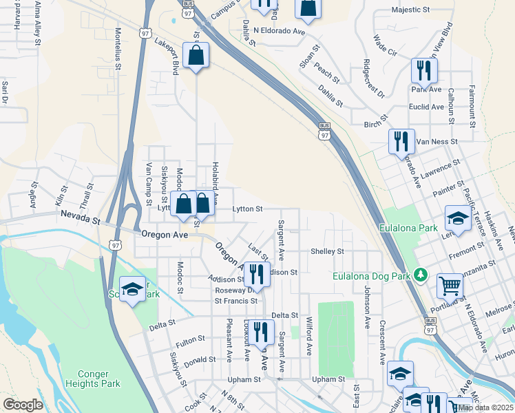 map of restaurants, bars, coffee shops, grocery stores, and more near 805 Lytton Street in Klamath Falls