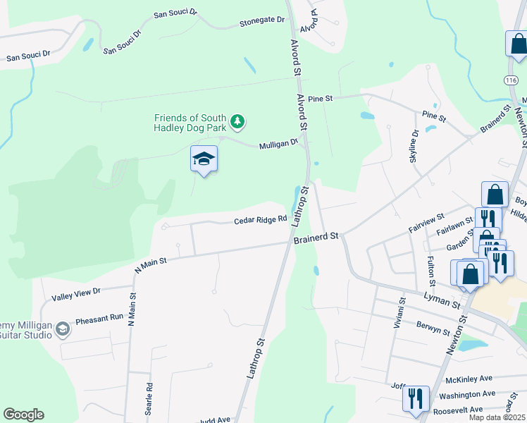 map of restaurants, bars, coffee shops, grocery stores, and more near 6 Cedar Ridge in South Hadley