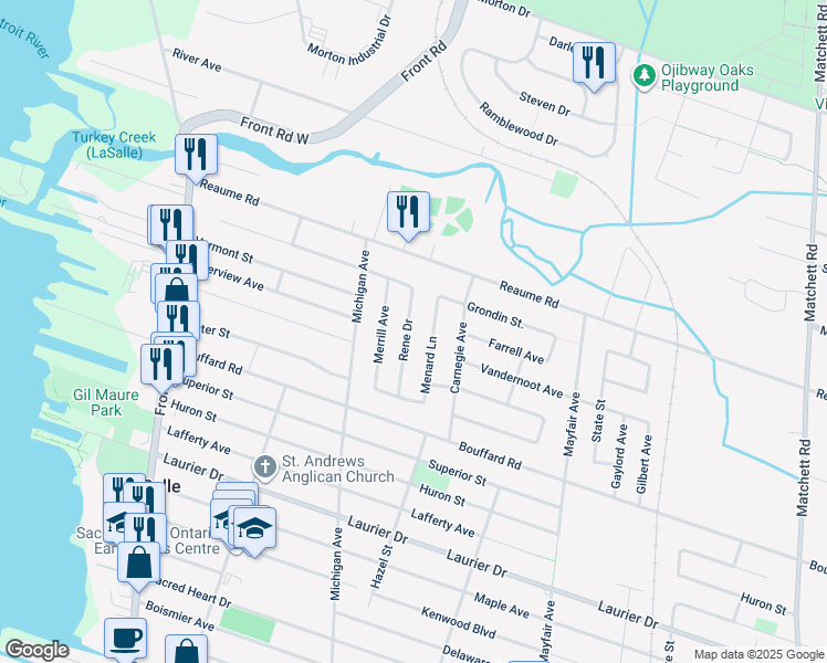 map of restaurants, bars, coffee shops, grocery stores, and more near 441 Rene Drive in Windsor