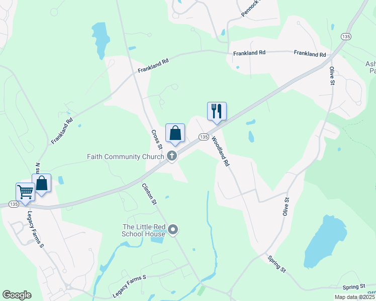 map of restaurants, bars, coffee shops, grocery stores, and more near 154 East Main Street in Hopkinton