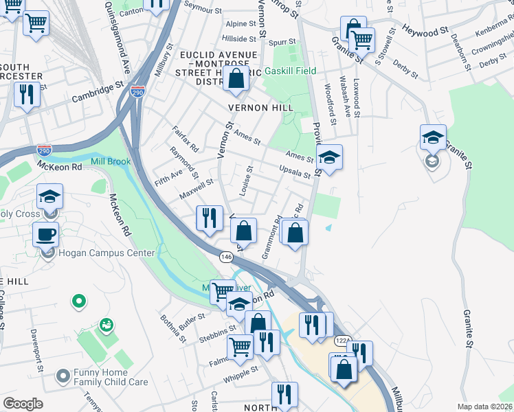 map of restaurants, bars, coffee shops, grocery stores, and more near 50 Esther Street in Worcester