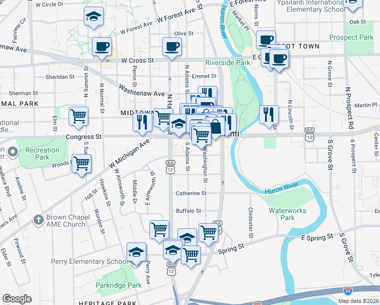map of restaurants, bars, coffee shops, grocery stores, and more near 218 Ferris Street in Ypsilanti