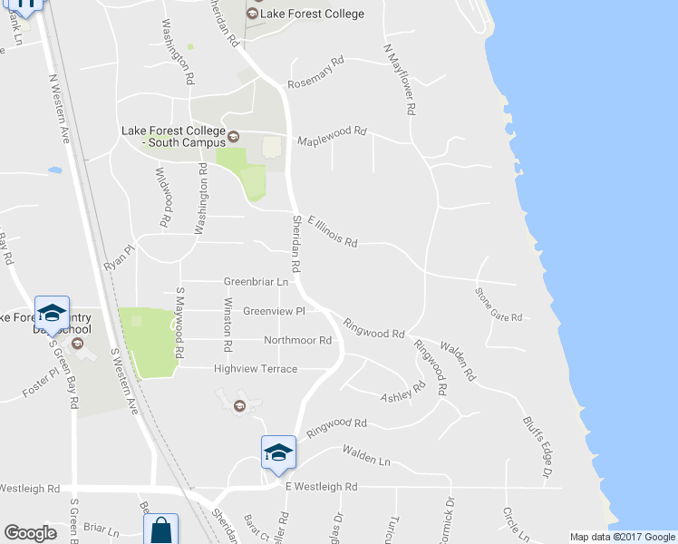 map of restaurants, bars, coffee shops, grocery stores, and more near 45 South Sheridan Road in Lake Forest