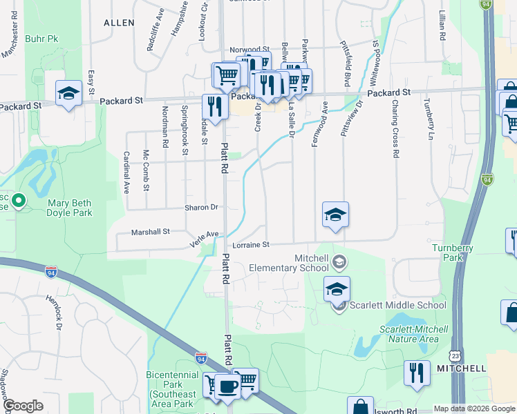 map of restaurants, bars, coffee shops, grocery stores, and more near 3370 Creek Drive in Ann Arbor
