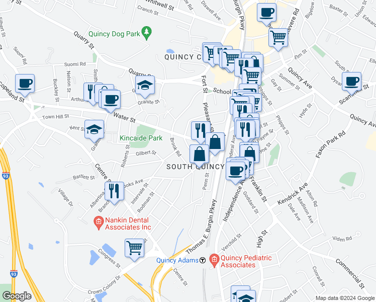 map of restaurants, bars, coffee shops, grocery stores, and more near 135 Quincy Street in Quincy