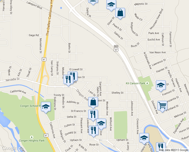 map of restaurants, bars, coffee shops, grocery stores, and more near 805 Lytton Street in Klamath Falls