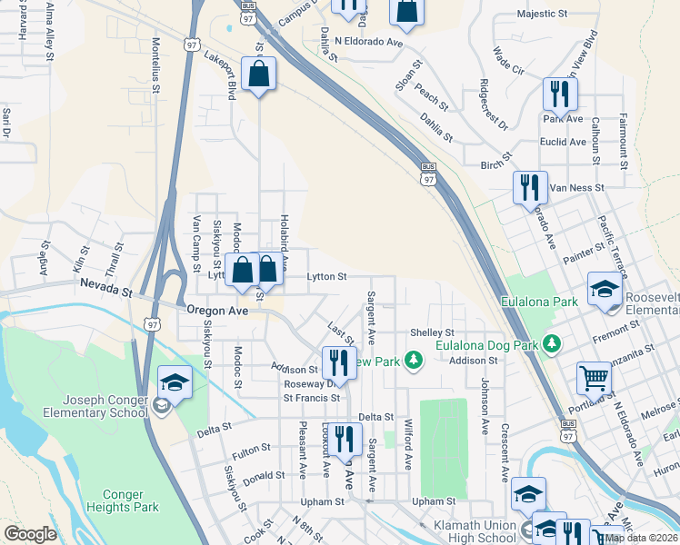 map of restaurants, bars, coffee shops, grocery stores, and more near 805 Lytton Street in Klamath Falls