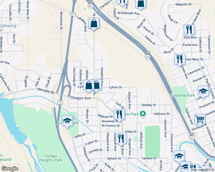 map of restaurants, bars, coffee shops, grocery stores, and more near 631 Lytton Street in Klamath Falls