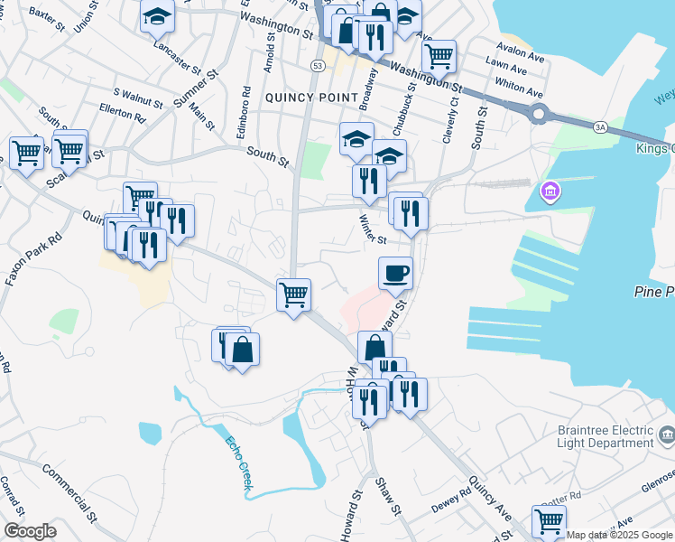 map of restaurants, bars, coffee shops, grocery stores, and more near 1020 Southern Artery in Quincy