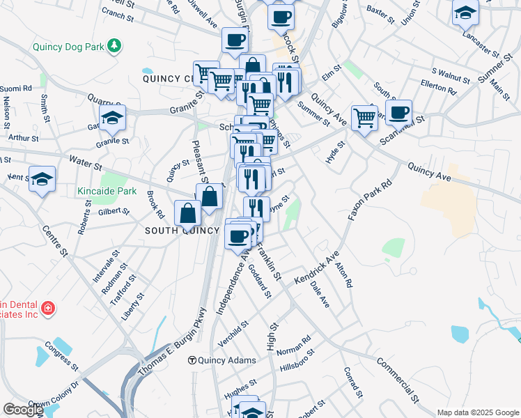 map of restaurants, bars, coffee shops, grocery stores, and more near 69 Payne Street in Quincy