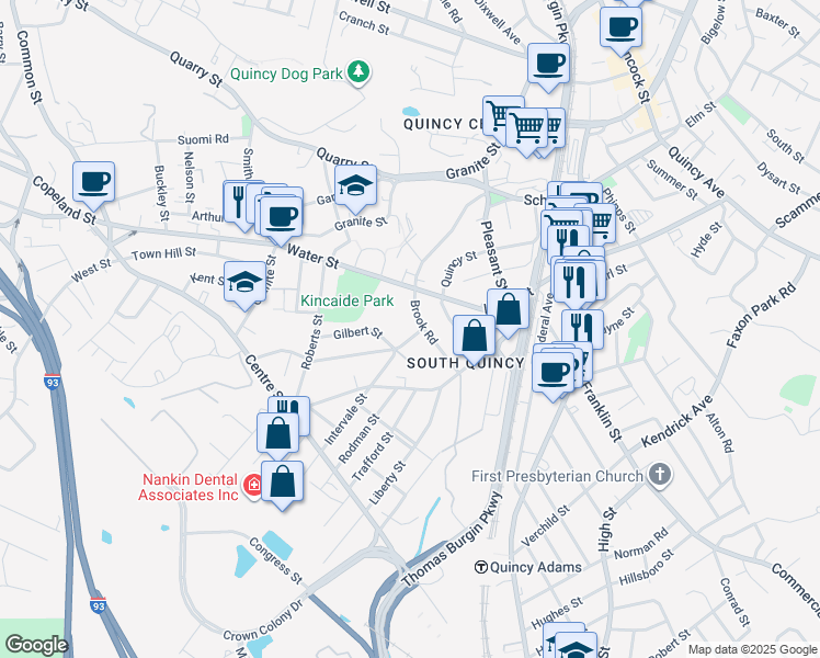 map of restaurants, bars, coffee shops, grocery stores, and more near 7 Intervale Street in Quincy