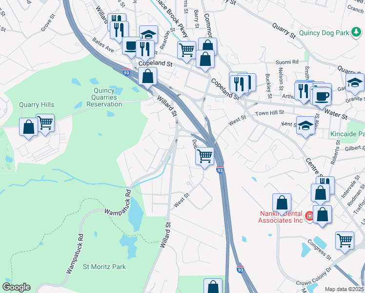 map of restaurants, bars, coffee shops, grocery stores, and more near 510 Willard Street in Quincy