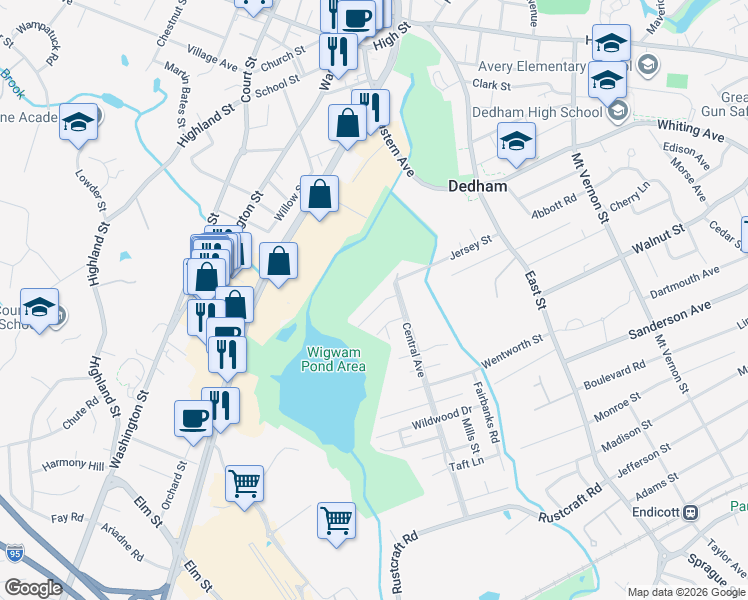 map of restaurants, bars, coffee shops, grocery stores, and more near 123 West Jersey Street in Dedham