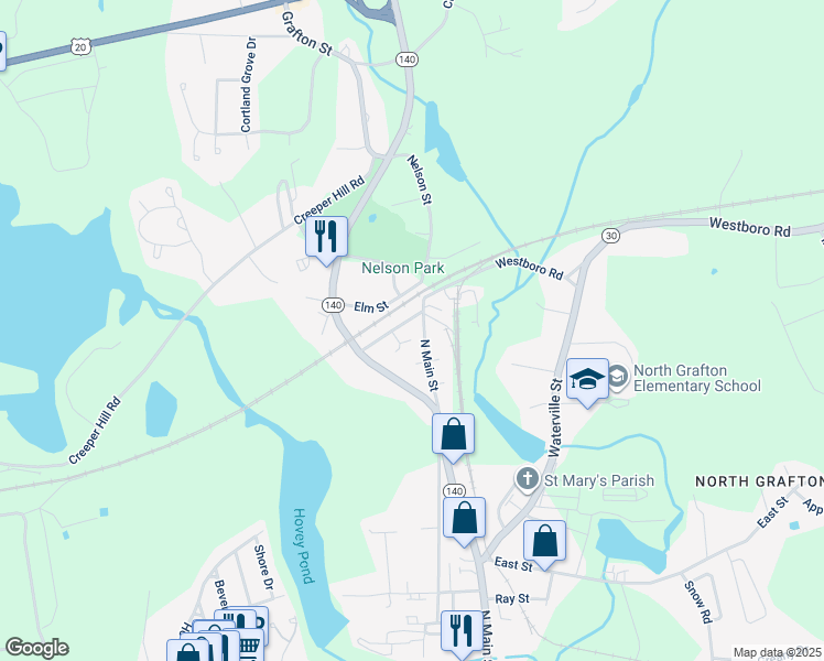 map of restaurants, bars, coffee shops, grocery stores, and more near 12 Westboro Road in Grafton