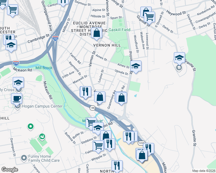 map of restaurants, bars, coffee shops, grocery stores, and more near 50 Esther Street in Worcester