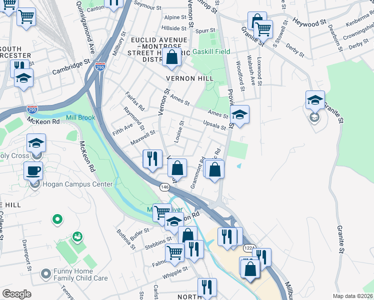map of restaurants, bars, coffee shops, grocery stores, and more near 50 Esther Street in Worcester