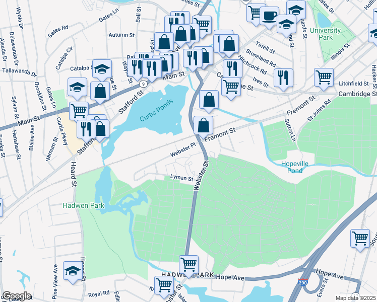 map of restaurants, bars, coffee shops, grocery stores, and more near 5 Webster Place in Worcester