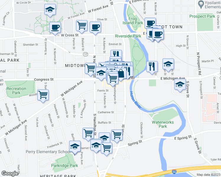 map of restaurants, bars, coffee shops, grocery stores, and more near 15 South Washington Street in Ypsilanti