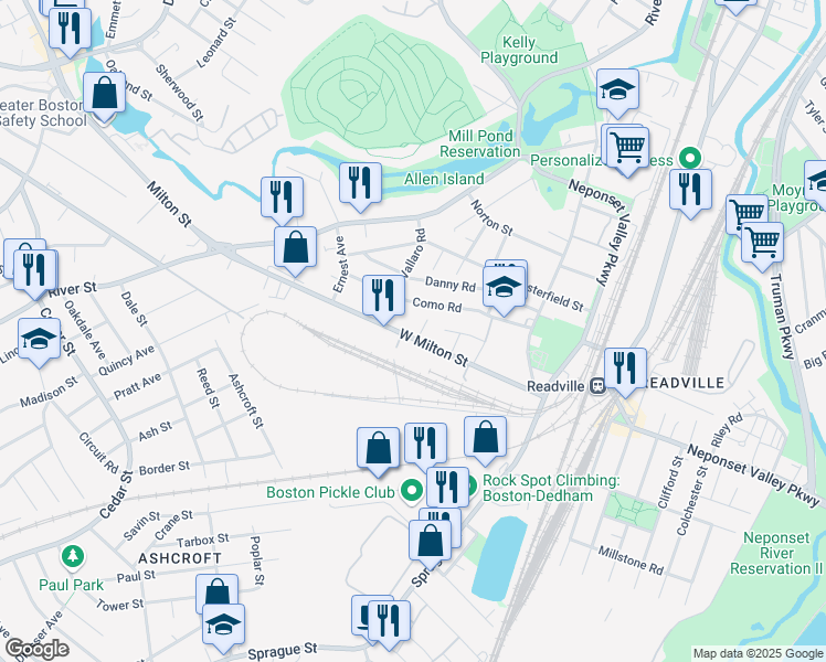 map of restaurants, bars, coffee shops, grocery stores, and more near 46 West Milton Street in Boston