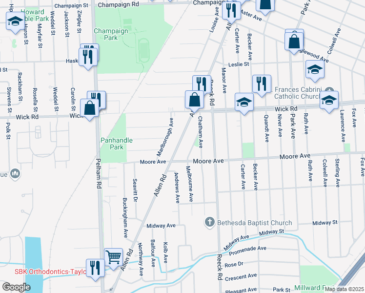 map of restaurants, bars, coffee shops, grocery stores, and more near 359 Allen Road in Allen Park