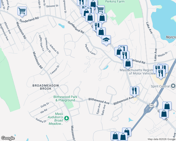 map of restaurants, bars, coffee shops, grocery stores, and more near Sunderland Woods in Worcester