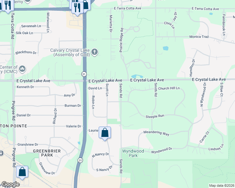 map of restaurants, bars, coffee shops, grocery stores, and more near 6117 Sands Road in Crystal Lake