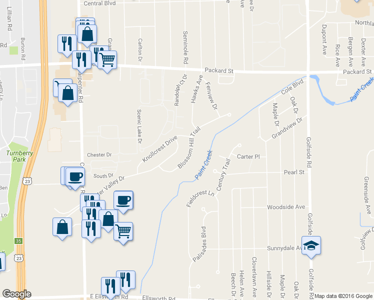 map of restaurants, bars, coffee shops, grocery stores, and more near 4475 Blossom Hill Trail in Ann Arbor