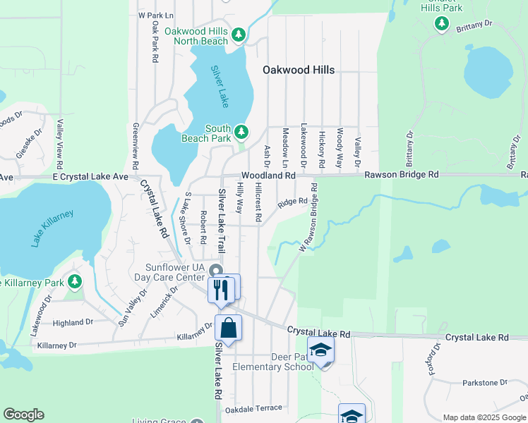map of restaurants, bars, coffee shops, grocery stores, and more near 6204 Hillcrest Road in Cary