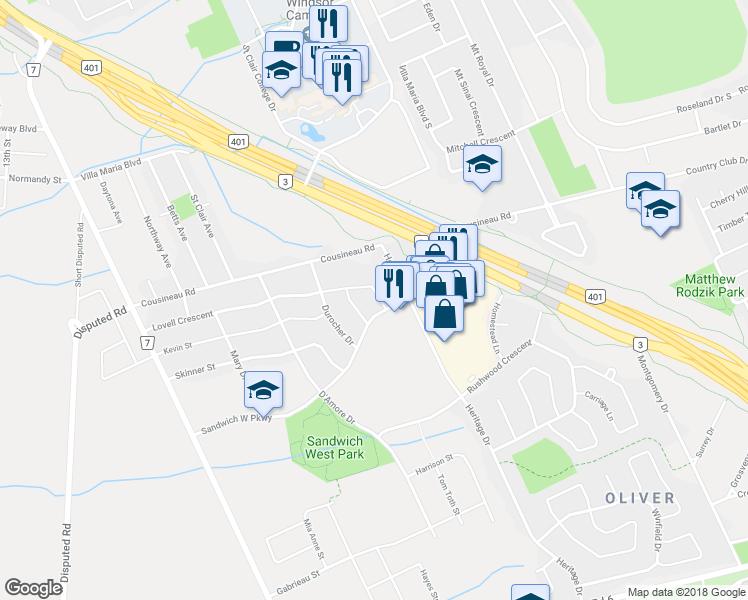 map of restaurants, bars, coffee shops, grocery stores, and more near 1545 Lovell Crescent in Windsor