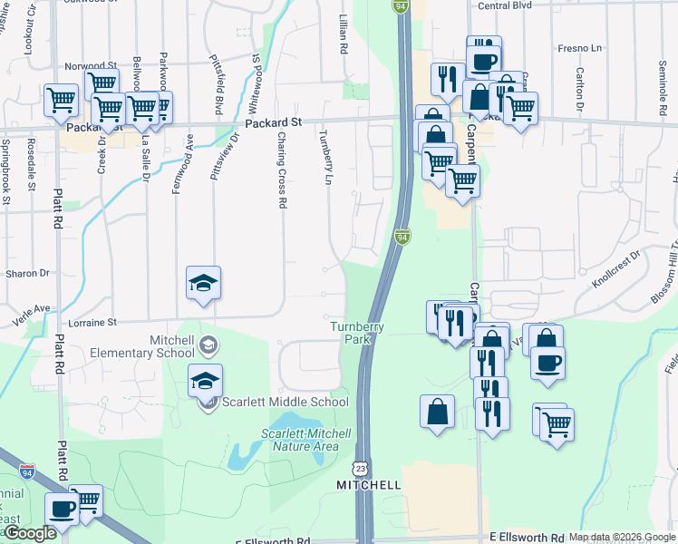 map of restaurants, bars, coffee shops, grocery stores, and more near 3158 Ailsa Craig Court in Ann Arbor