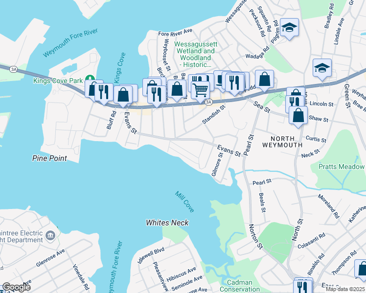 map of restaurants, bars, coffee shops, grocery stores, and more near 36 Wachusett Road in Weymouth