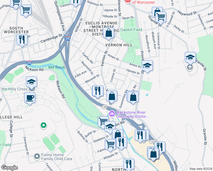 map of restaurants, bars, coffee shops, grocery stores, and more near 2 Louise Street in Worcester