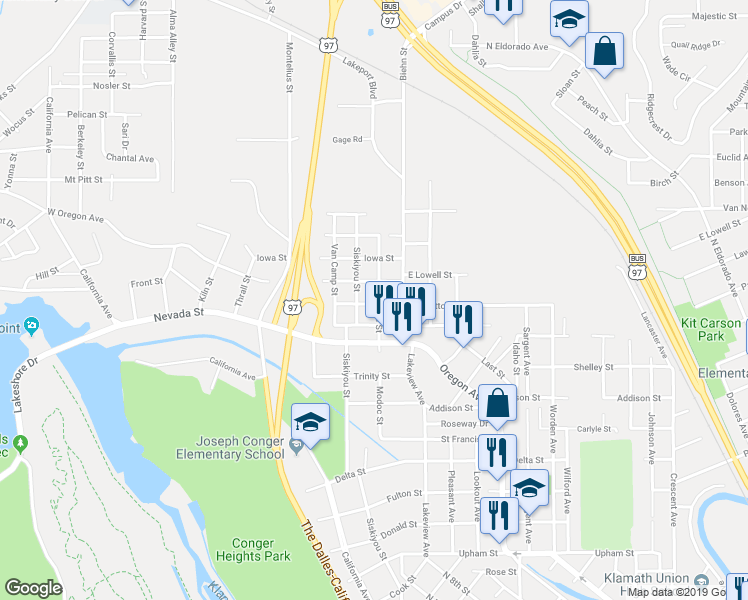 map of restaurants, bars, coffee shops, grocery stores, and more near 315 Lytton Street in Klamath Falls
