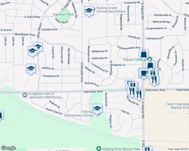 map of restaurants, bars, coffee shops, grocery stores, and more near 3803 Nevada Circle in Rockford