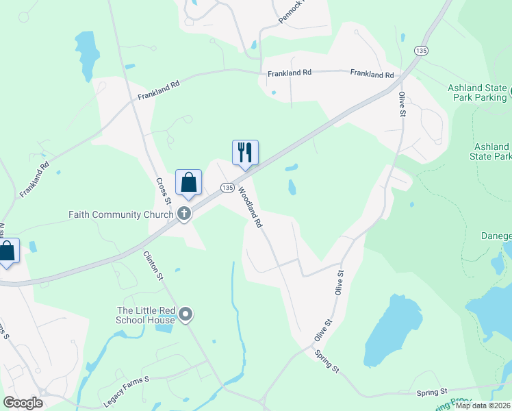 map of restaurants, bars, coffee shops, grocery stores, and more near 20 Woodland Road in Ashland
