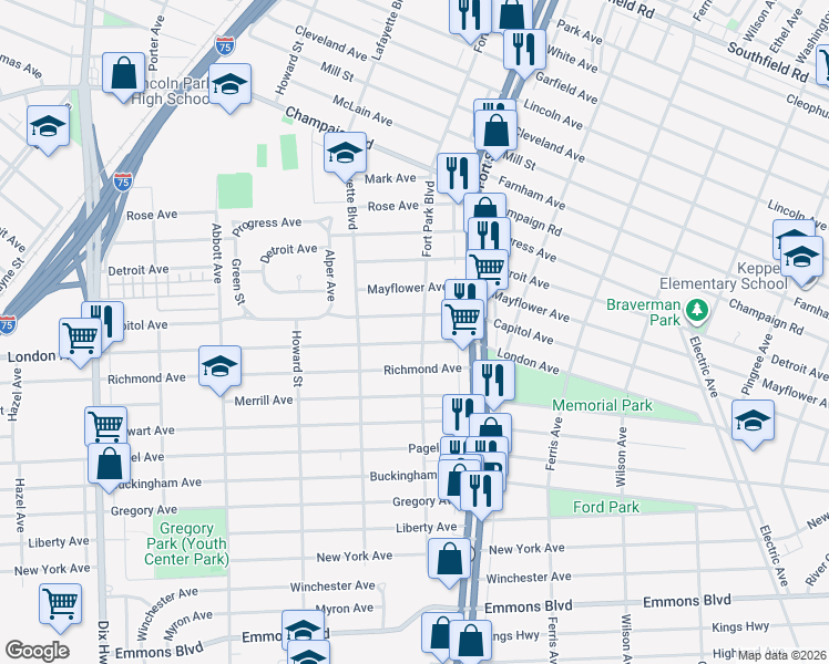 map of restaurants, bars, coffee shops, grocery stores, and more near 3122 Fort Park Blvd in Lincoln Park