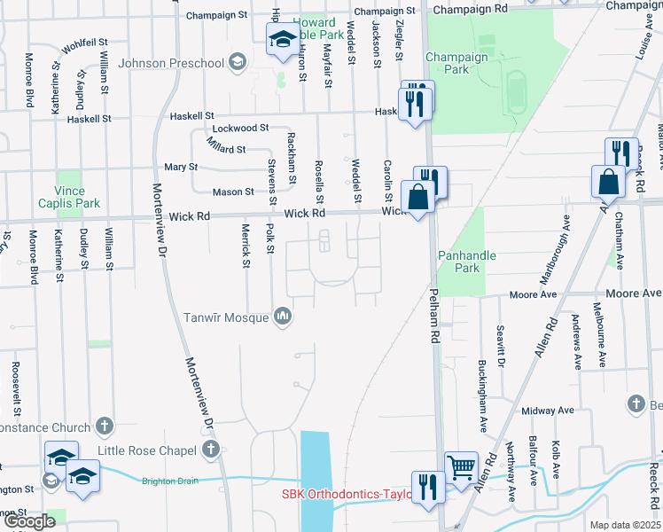 map of restaurants, bars, coffee shops, grocery stores, and more near 9633 Pickwick Circle East in Taylor