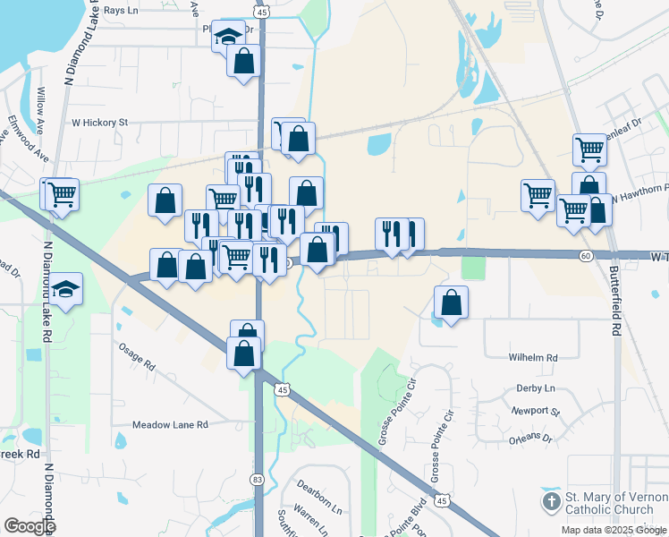 map of restaurants, bars, coffee shops, grocery stores, and more near 200 Oak Creek Plaza in Mundelein