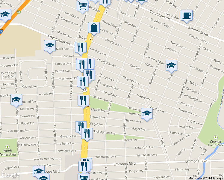 map of restaurants, bars, coffee shops, grocery stores, and more near 3070 Ferris Ave in Lincoln Park