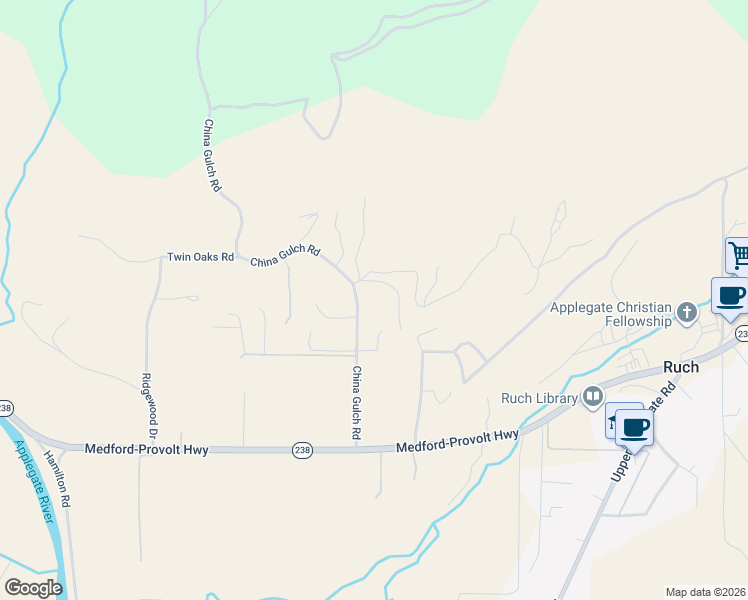 map of restaurants, bars, coffee shops, grocery stores, and more near 362 China Gulch Road in Jacksonville