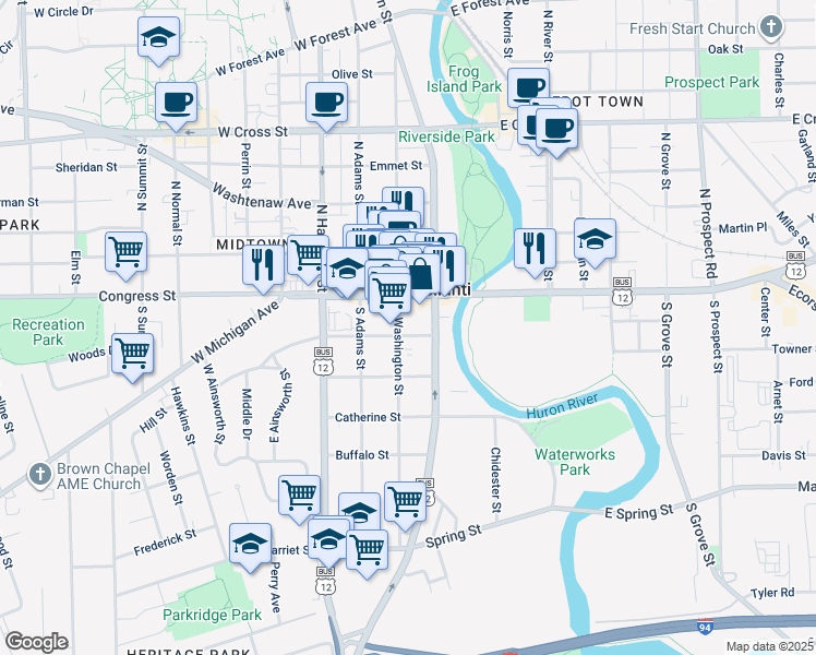 map of restaurants, bars, coffee shops, grocery stores, and more near 15 South Washington Street in Ypsilanti