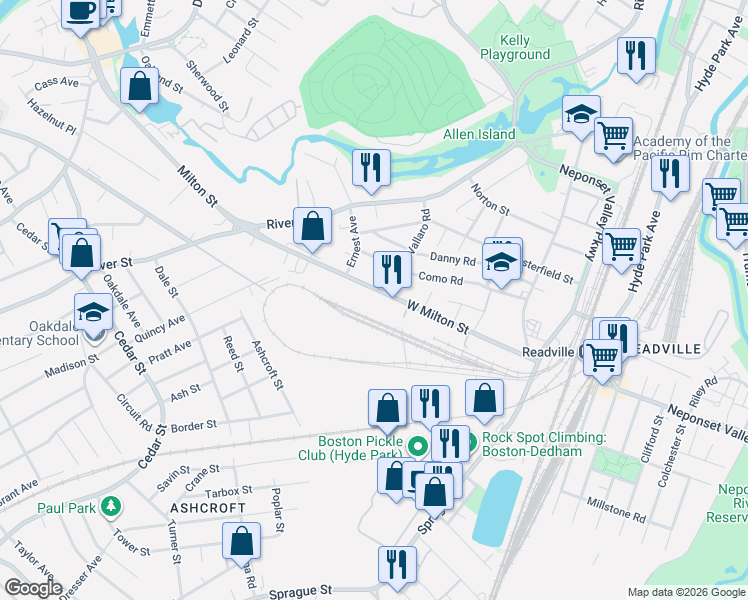 map of restaurants, bars, coffee shops, grocery stores, and more near 27 West Milton Street in Boston