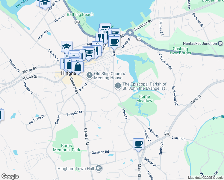 map of restaurants, bars, coffee shops, grocery stores, and more near 162 Main Street in Hingham