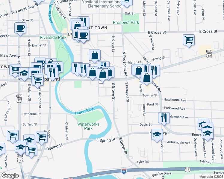 map of restaurants, bars, coffee shops, grocery stores, and more near 20 South Grove Street in Ypsilanti