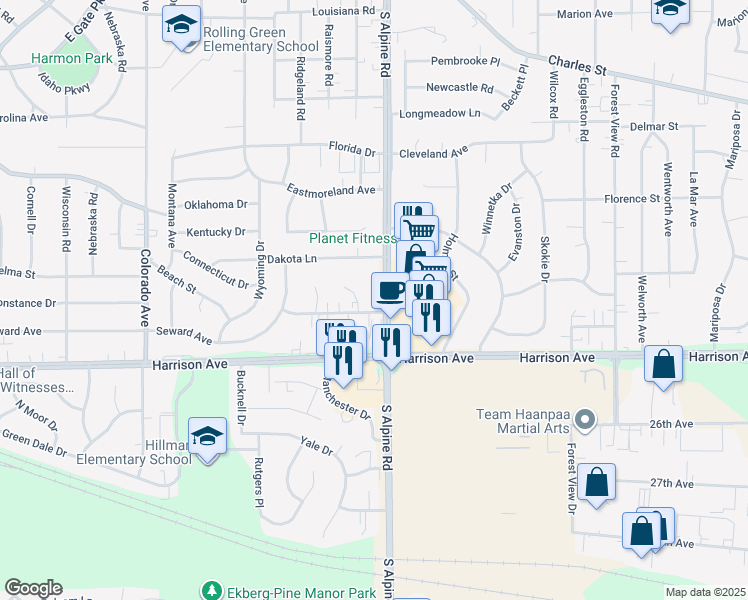 map of restaurants, bars, coffee shops, grocery stores, and more near 2431 South Alpine Road in Rockford