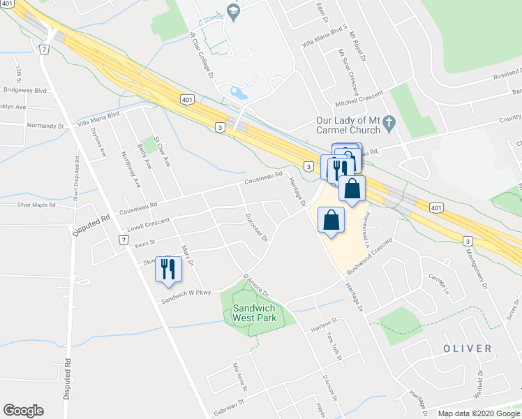 map of restaurants, bars, coffee shops, grocery stores, and more near 1575 Vollans Street in Windsor
