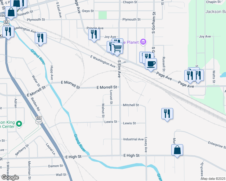 map of restaurants, bars, coffee shops, grocery stores, and more near 1207 Locust Street in Jackson