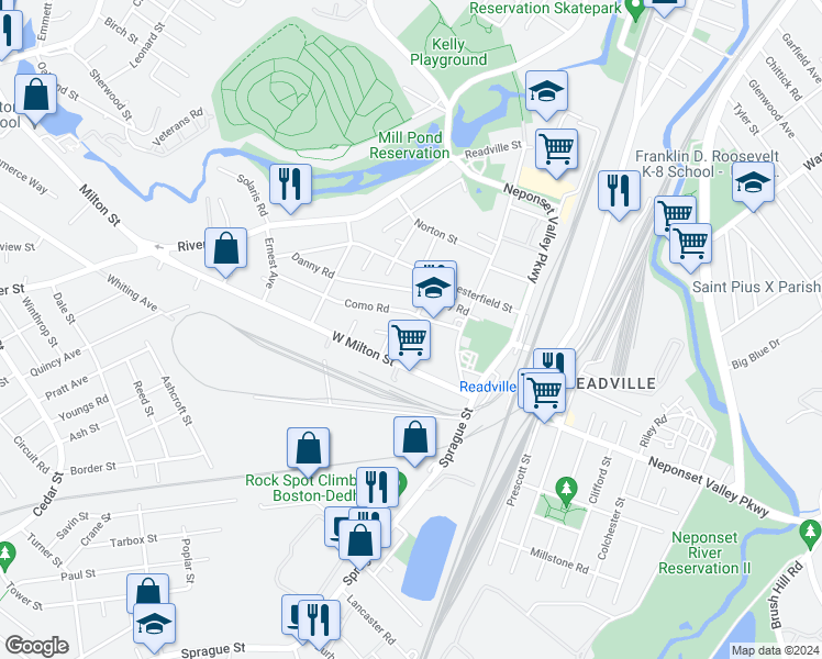 map of restaurants, bars, coffee shops, grocery stores, and more near 28 Pine Avenue in Boston