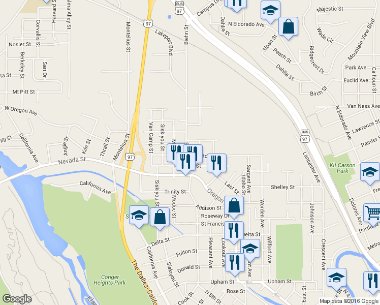 map of restaurants, bars, coffee shops, grocery stores, and more near 2105 Biehn Street in Klamath Falls