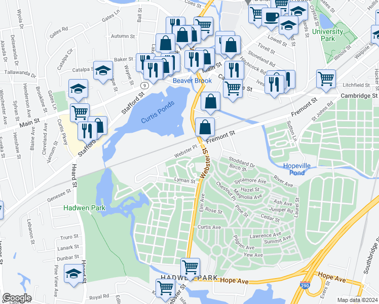 map of restaurants, bars, coffee shops, grocery stores, and more near 5 Webster Place in Worcester